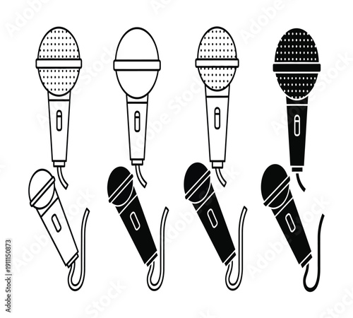 A black and white illustration of five microphones in different orientations