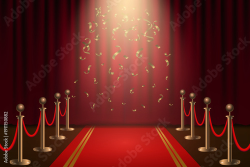 Red carpet entrance with falling confetti and spotlights