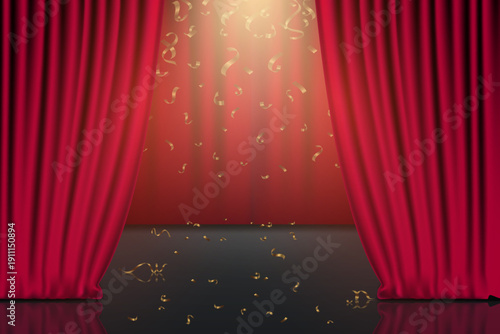Red curtains opening stage with falling confetti and spotlight