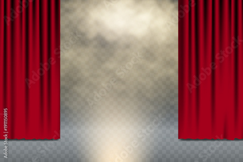 Red theatre curtains opening dramatic stage with spotlight