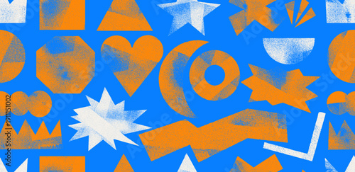 Seamless pattern grunge postage stamp shapes with linocut and ink roller texture. Handcrafted letterpress geometric forms like heart, crown, star. Rough detailed vintage linocut texture vector design.