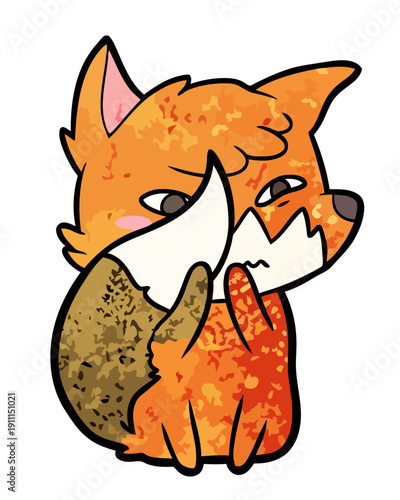 A cartoon fox with a sly expression holding its hands together in a contemplative pose