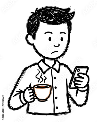 A man holding a steaming cup of coffee and a mobile phone while looking displeased