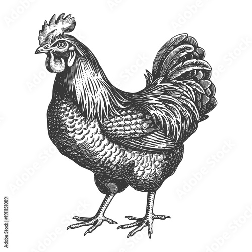 A detailed monochromatic illustration of a proud rooster standing alone
