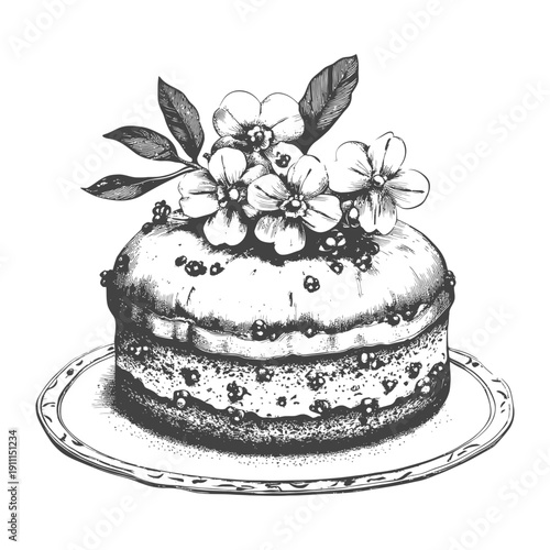 A beautifully illustrated cake decorated with flowers and leaves