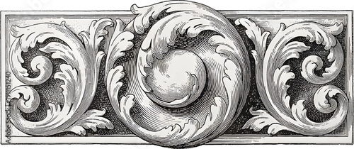 Grayscale classical frieze engraving with acanthus leaf scrolls and central orb, symmetrical ornate architectural decoration