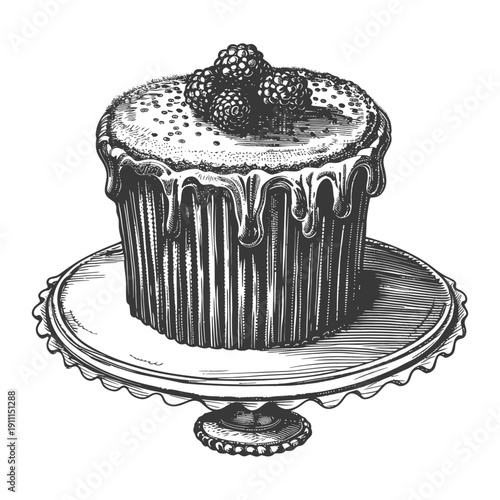 A delicious sketch of a cake topped with fresh berries