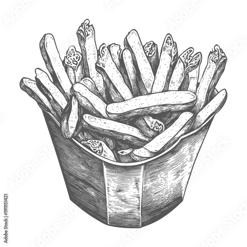 A drawn image shows a paper container filled with french fries