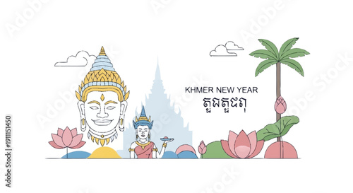 Khmer New Year celebration with Buddha statue palm tree lotus flowers temple