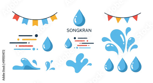 Songkran water festival colorful banners and water droplets splashes