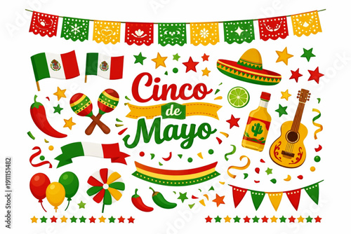A vibrant Cinco de Mayo celebration with colorful decorations and festive elements.