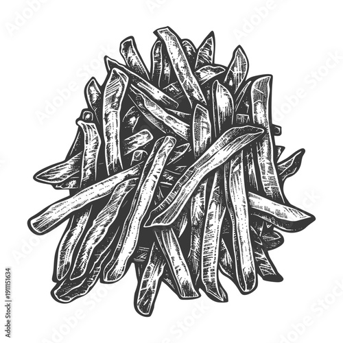 A drawing of many french fried potato strips on white background