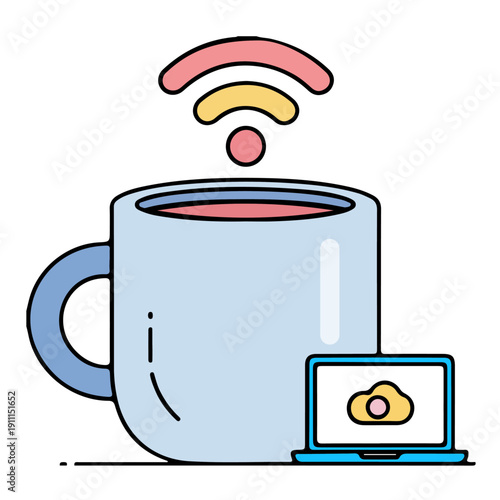 Vector illustration of a light blue coffee mug with pink liquid, a yellow WiFi signal, and a laptop with cloud icon, isolated on white