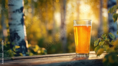 Fresh birch beer in glass at sunset in forest natural refreshing drink