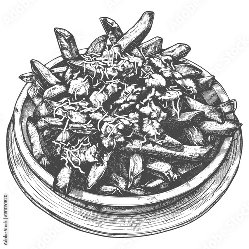 Illustration of a bowl filled with french fries and toppings