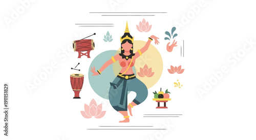 Thai dancer in traditional costume with drums and lotus flowers dancing 1