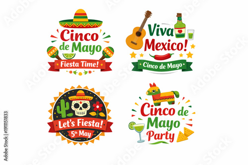 A vibrant collection of Cinco de Mayo party stickers and labels with festive designs