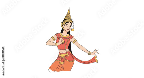 Thai dancer in traditional orange and gold costume dance pose traditional costume