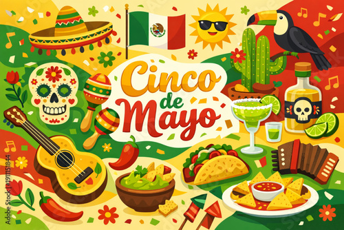 A vibrant illustration celebrating Cinco de Mayo with traditional Mexican food and decorations