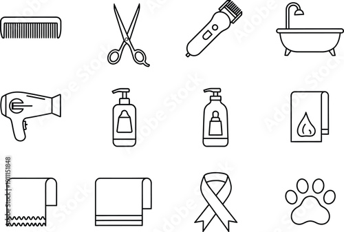 A collection of black and white line icons representing grooming tools, bathing supplies, and care items