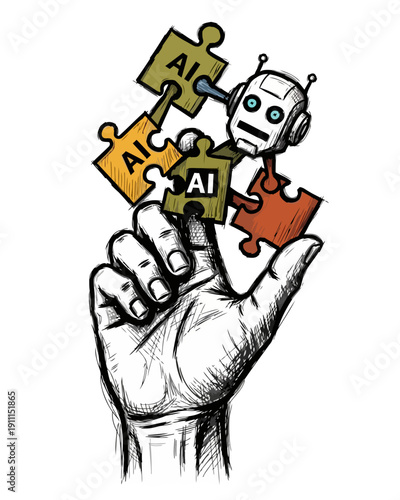 Hand holding robotic pieces with AI puzzle in various vibrant colors from a close-up perspective