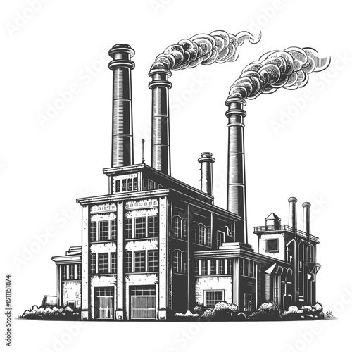 An Industrial Plant with Smokestacks Emitting Dense Plumes of Smoke
