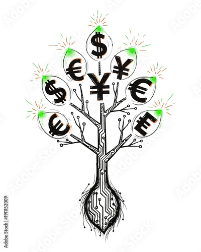 An illustration of a tree with currency symbols on its branches, symbolizing financial growth and prosperity in a creative and artistic manner.