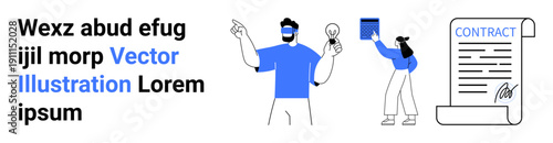 Workflow ideas, teamwork, legal agreements, project management, creativity, entrepreneurship. Team members brainstorming, sharing ideas and reviewing a contract. Workflow ideas and teamwork