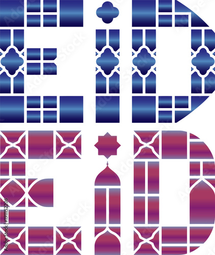 Stylized 'eid' text in vibrant blue, purple, and red hues with intricate islamic geometric patterns and architectural motifs, celebrating a festive occasion Vector