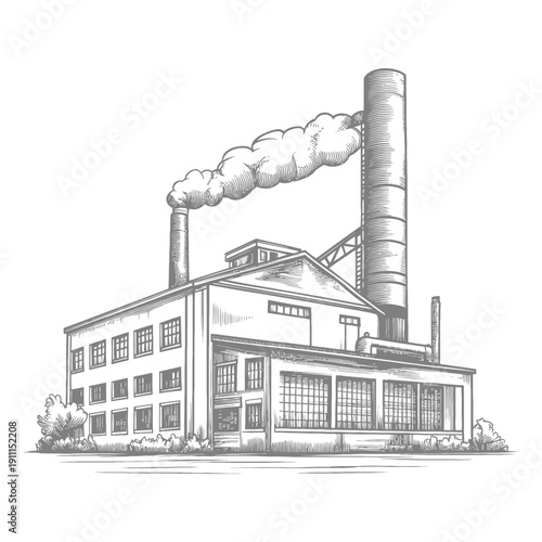 An illustrated factory building with visible smoke billowing from chimneys
