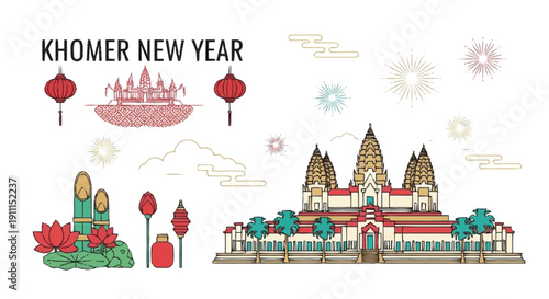 Khomer New Year celebration with temple and fireworks lanterns lotus flowers 1