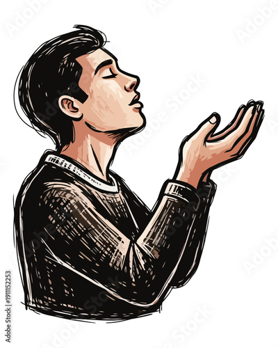 Man Praying with Eyes Closed and Hands Outstretched in Sincere Devotion