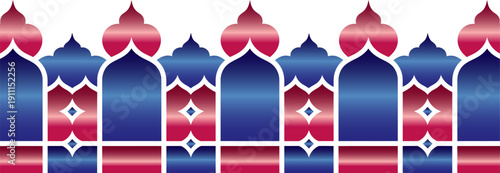 Elegant repeating islamic pattern featuring stylized architectural arches in vibrant blue and red gradients with intricate white outlines vector