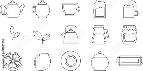 A collection of dashed line icons for tea preparation and service, featuring teapots, cups, kettles, and ingredients.