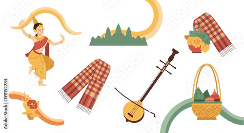 Thai dancer traditional dress scarf basket food instrument 1