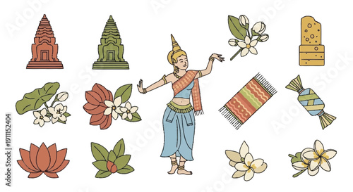Thai dancer surrounded by temple structures flowers textiles pagoda lotus