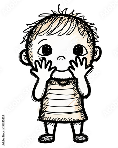 A young child standing alone with a surprised expression on a white background viewed from the front