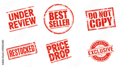 A collection of six red grunge rubber stamp icons for e-commerce and business status updates vector