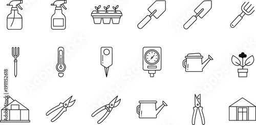 A comprehensive set of gardening and horticulture tools and equipment icons presented in a simple black and white line art style.