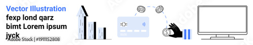 Finance, business, technology, digital payments, currency exchange, economic growth. Bar chart and arrow, credit card with a currency flow and a computer monitor. Finance and technology concepts