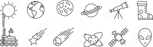 Set of line art icons depicting celestial bodies, space exploration equipment, and science fiction elements