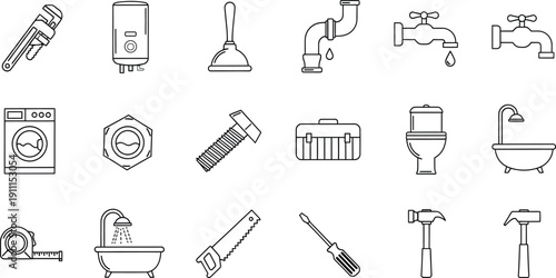 A collection of line art icons illustrating common plumbing fixtures, tools, and home maintenance equipment.
