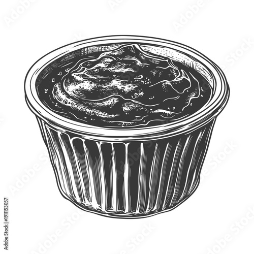 A small container filled with a dark savory dipping sauce