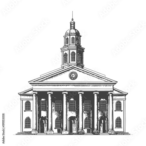 A detailed black and white illustration of a grand building