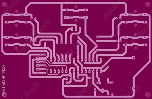Tracing conductors of printed circuit board
of electronic device. Vector engineering 
pcb drawing. Electric background. Computer pink cad design.

