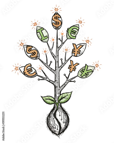 Financial Growth Illustrated through a Flourishing Plant with Currency Symbols Emerging from Buds