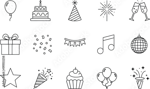 A collection of black and white line icons illustrating common party and celebration elements for various events.