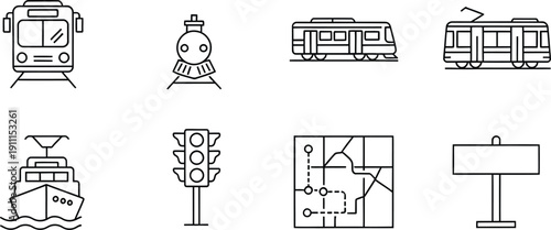 A collection of line icons representing different modes of transport and related infrastructure