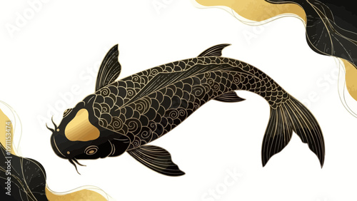 Elegant black and gold koi fish illustration on white background