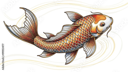 Detailed illustration of a koi fish with flowing lines and ornamental design